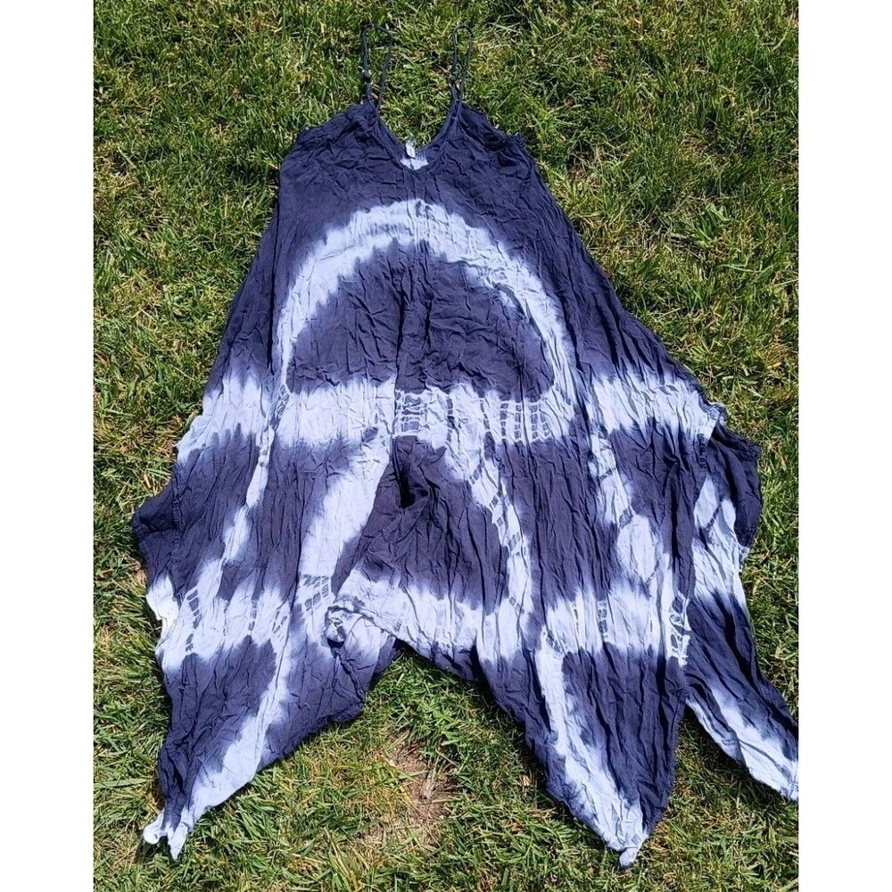 Boho Tie Dye Handkerchief Hem Midi Dress Small  Festival Navy Blue Flowy